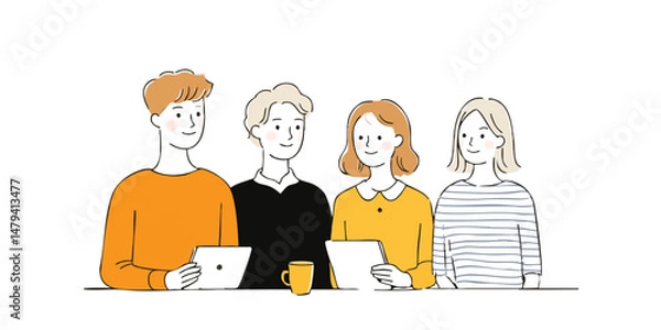 Obraz A team of four individuals collaborating on a project. Capturing the essence of teamwork and shared endeavors, perfect for illustrating business, communication, and group dynamics.