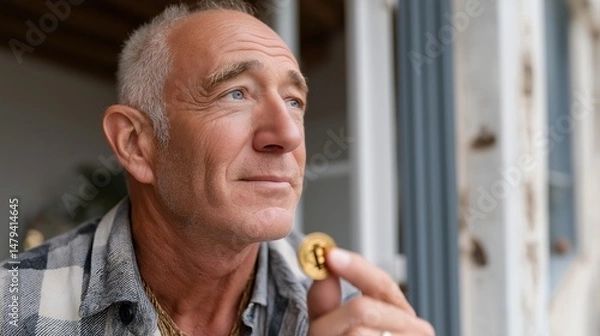 Fototapeta An elderly man holding a shiny gold Bitcoin, reflecting on the future of digital currency. Cryptocurrency adoption, retirement savings, and modern financial transitions