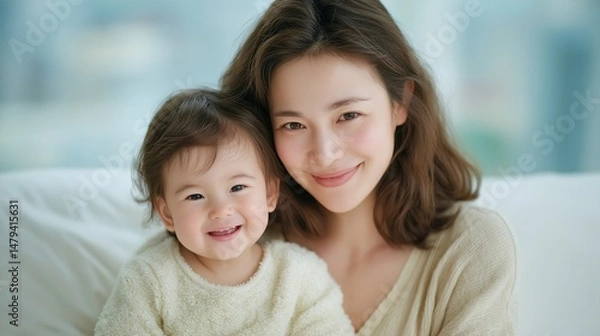 Fototapeta A Korean mother and her happy baby sitting close together in a cozy home setting, smiling warmly at the camera. The soft background highlights their emotional bond and family love