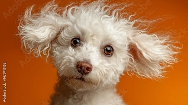 Fototapeta Adorable close-up portrait of a fluffy white dog with curly fur and large brown eyes, captured against a vibrant orange studio background