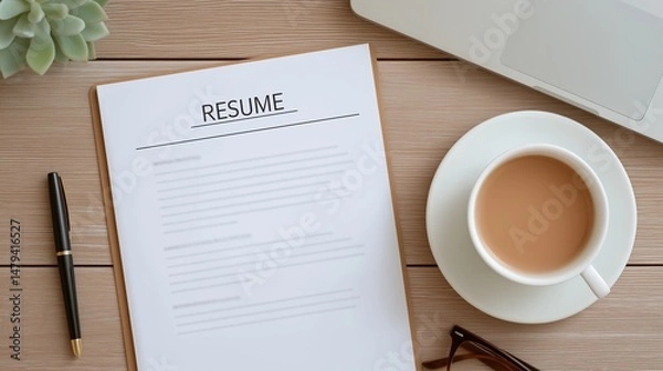 Fototapeta A resume placed on a neat wooden table next to a coffee cup, pen, and eyeglasses, symbolizing job interviews, career search and hiring processes