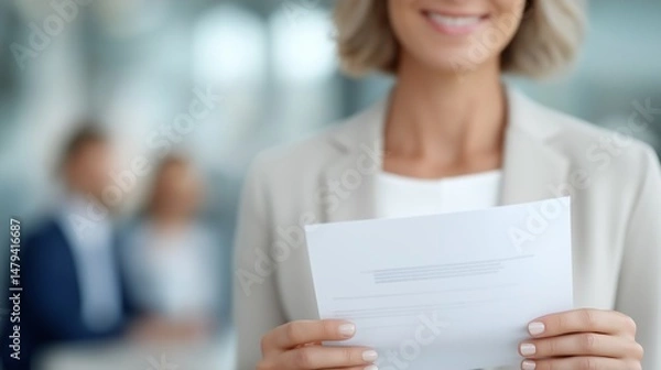 Fototapeta Businesswoman in light beige suit holding a resume, standing in an office interview setting, representing job applications, career preparation or hiring process visuals