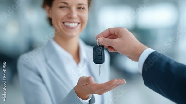 Fototapeta A close-up of a hand passing a car key to a cheerful woman in a business suit, symbolizing car ownership, vehicle leasing or successful deal closure in a professional setting