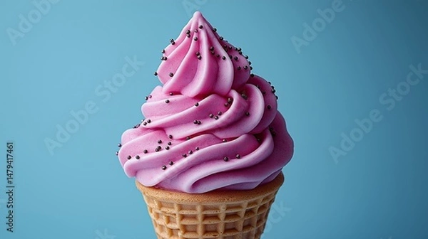 Fototapeta Delicious strawberry ice cream cone melting and dripping onto pastel surface, evoking summer joy, dessert cravings and nostalgic treats