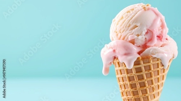 Fototapeta A close-up of a double scoop strawberry ice cream in a waffle cone melting under warm light, placed against a pastel turquoise background with ample copy space