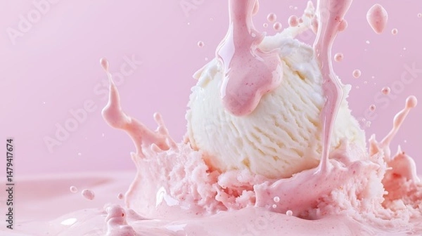 Fototapeta White vanilla scoop being drenched in vibrant pink strawberry sauce mid-splash against a pastel pink background, captured in ultra slow motion for maximum texture and freshness