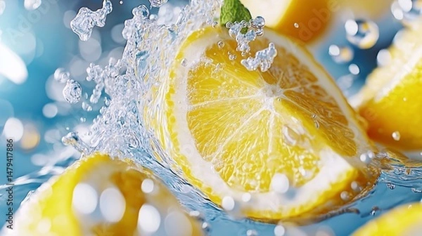 Fototapeta Macro shot of fresh lemon slices splashing in water with bubbles, showcasing freshness, hydration and vitamin-rich ingredients
