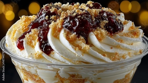 Fototapeta Close-up view of vanilla cream dessert in a cup with cherry jam topping and golden crumbles against a festive bokeh background
