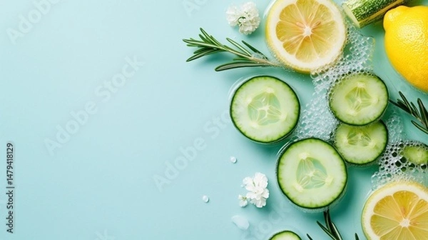 Fototapeta Fresh lemon slices, cucumbers, and rosemary floating in water on a blue background, ideal for themes of wellness, freshness and detox