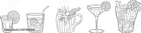 Fototapeta popular cocktails featuring iconic alcoholic drinks such as Mojito, Margarita, Daiquiri, Tequila, Wine, Cosmopolitan, and more. Decorative doodle-style elements ideal for bar menus, party invitations