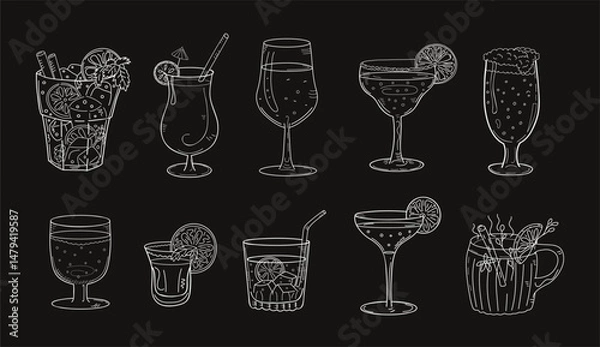 Fototapeta popular cocktails featuring iconic alcoholic drinks such as Mojito, Margarita, Daiquiri, Tequila, Wine, Cosmopolitan, and more. Decorative doodle-style elements ideal for bar menus, party invitations