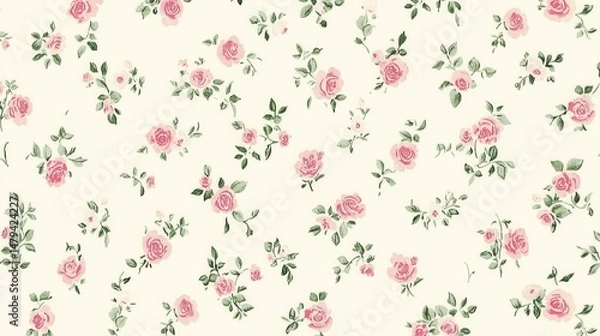Fototapeta Delicate vintage rose pattern on cream background, repeating floral design, wallpaper style, flat lay, studio shot