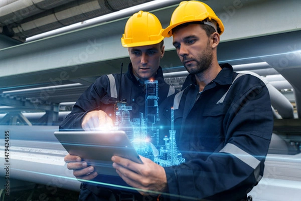 Obraz Engineers analyzing gas pipeline design with digital tablet