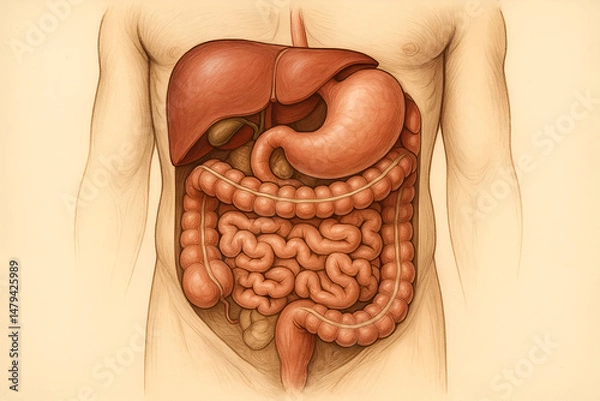 Fototapeta A detailed medical illustration of the human abdomen, highlighting internal organs such as the stomach, liver, and intestines in an educational format.	