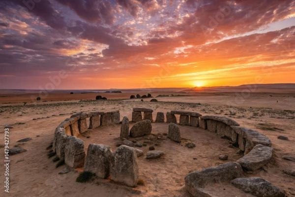 Fototapeta Breathtaking sunset paints sky in hues of orange and purple over ancient stone structures