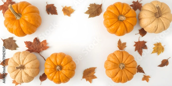Fototapeta Pumpkins and Leaves Forming a Thanksgiving Frame on White Background.