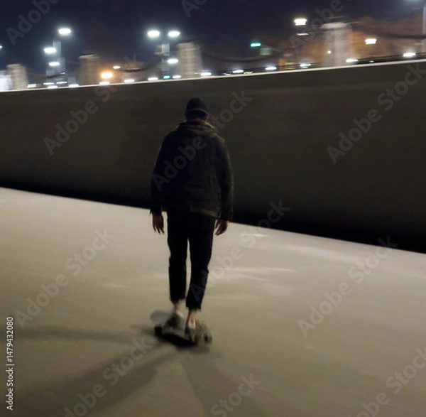 Obraz A man rides a skateboard along an empty street at night, capturing a sense of freedom and movement with a motion blur effect.