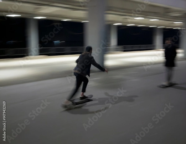 Obraz A man rides a skateboard along an empty street at night, capturing a sense of freedom and movement with a motion blur effect.