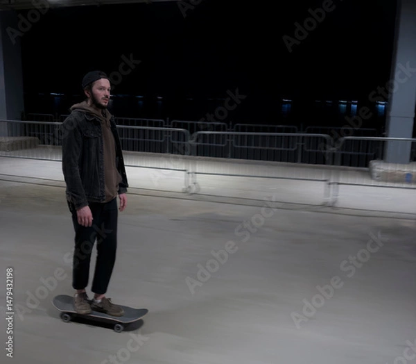 Obraz A man rides a skateboard along an empty street at night, capturing a sense of freedom and movement with a motion blur effect.