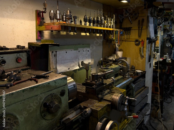 Obraz Lathe Operation in a Well-Equipped Workshop With Various Tools and Accessories on Display