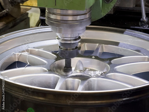 Obraz A machine precisely shapes and crafts a car wheel rim in a workshop filled with various tools and equipment during production.