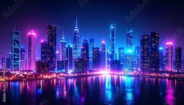 Fototapeta A vibrant city skyline illuminated by neon lights, reflecting on a calm river, showcasing modern architecture and a futuristic ambiance