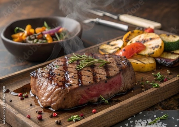 Fototapeta Juicy Grilled Steak with Rosemary Garnish and Grilled Vegetables Including Zucchini and Peppers on a Rustic Wooden Platter with a Side of Roasted Veggies.