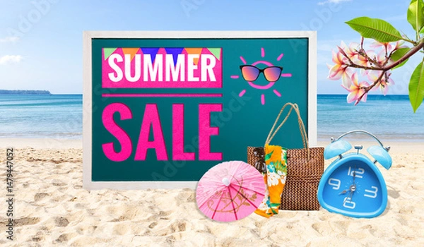 Fototapeta Summer sale banner on black board with alarm clock and summer items on tropical beach, summer promotion poster idea