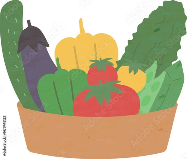 Fototapeta 水彩タッチのカゴに入った夏野菜のイラスト