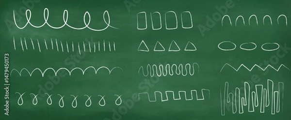 Fototapeta Vector set of chalk strokes and shapes on the background of a classroom blackboard. a variety of lines, spirals, geometric shapes and patterns drawn in white chalk.