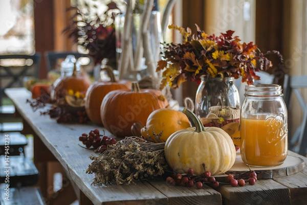 Obraz Cozy Autumn Harvest Scene with Pumpkins and Herbs