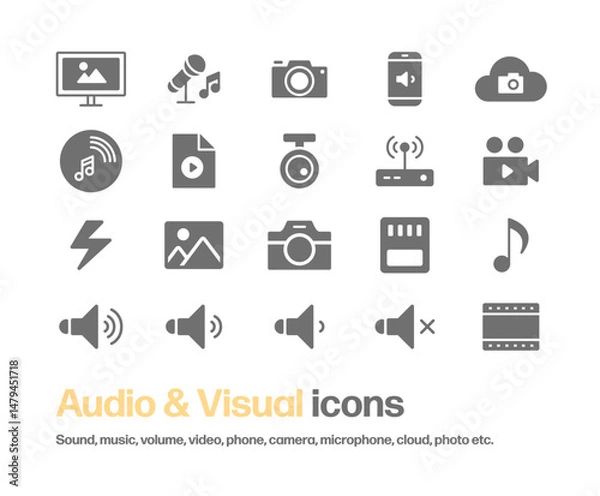 Fototapeta モニター,マイク,カメラ,スマホ,音量,メモリーカード,写真,ビデオ,音符等のシルエットアイコンセット