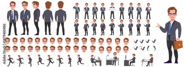 Fototapeta Man Character design. Front, side, back view and explainer animation poses. Character set with lip sync and facial expressions of Happy, angry, sad, Joy with Side walk cycle animation sequence sprite 