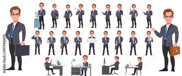 Fototapeta Man Character design. Front, side, back view and explainer animation poses. Character set with lip sync and facial expressions of Happy, angry, sad, Joy with Side walk cycle animation sequence sprite 