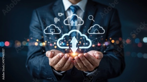 Fototapeta Businessperson holds cloud computing graphic in hands.