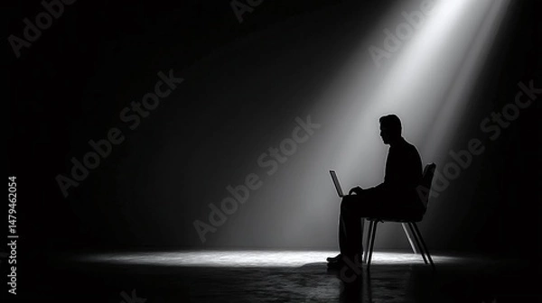 Fototapeta Silhouette of person sitting on chair with laptop in spotlight, emphasizing focus and isolation. Digital connectivity in a monochromatic setting.