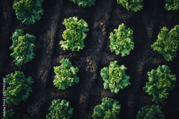 Fototapeta Neat top down view of vegetable garden featuring rows of fresh green lettuce for gardening and agricultural projects