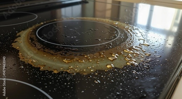 Obraz Grease stains on stovetop with liquid residue and reflections  