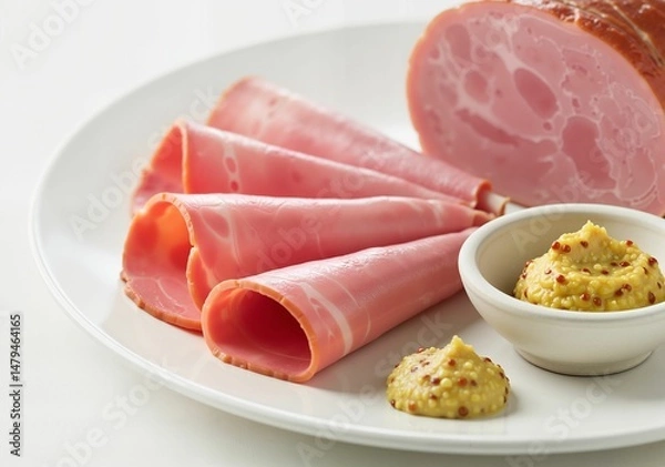 Obraz Sliced ham with mustard on side served on a white plate  