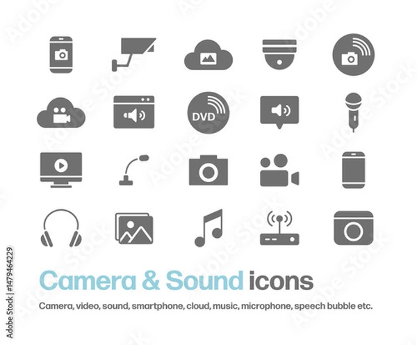 Fototapeta スマホ,防犯カメラ,クラウド,動画,吹き出し,カメラ,ヘッドフォン等のアイコンセット