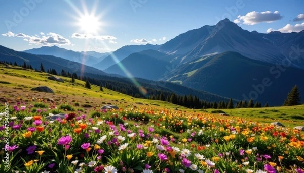 Fototapeta an alpine meadow bursts into color beneath the warm summer sun.