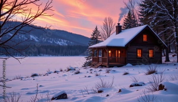 Fototapeta a cozy cottage sits beside a frozen lake, smoke curling from the chimney into the twilight.