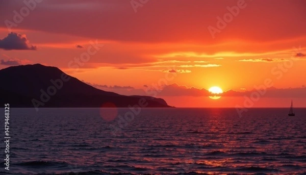 Fototapeta the last light of day turns the sky crimson above an endless ocean.