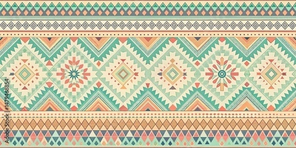 Fototapeta Elegant Pastel Tribal Geometric Textile Design with Intricate Patterns and Vibrant Hues