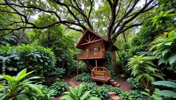 Fototapeta a treehouse nestles among ancient trees in a vibrant rainforest.