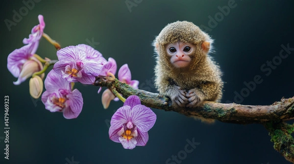 Obraz baby ape sitting on a tree branch with purple flowers defocused forest background wildlife photography