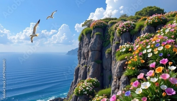 Fototapeta a flower covered cliff overlooks a vast ocean as seabirds soar overhead.