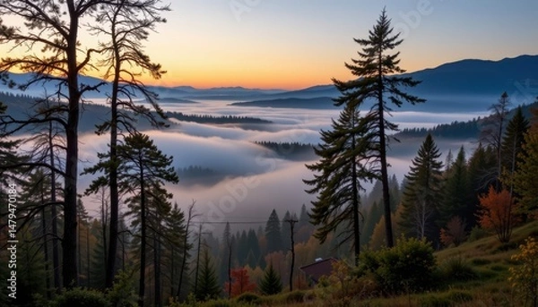 Fototapeta a sea of mist floats above rolling forest hills at dawn.