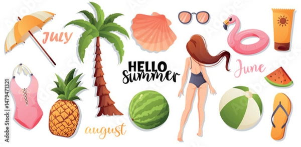 Fototapeta Minimalist summer vector set with fruits, swimwear, and a girl from behind. Ideal for prints, banners, web design, and social media.