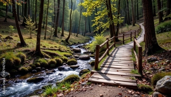 Fototapeta a rustic footbridge stretches across a bubbling brook deep in the forest.